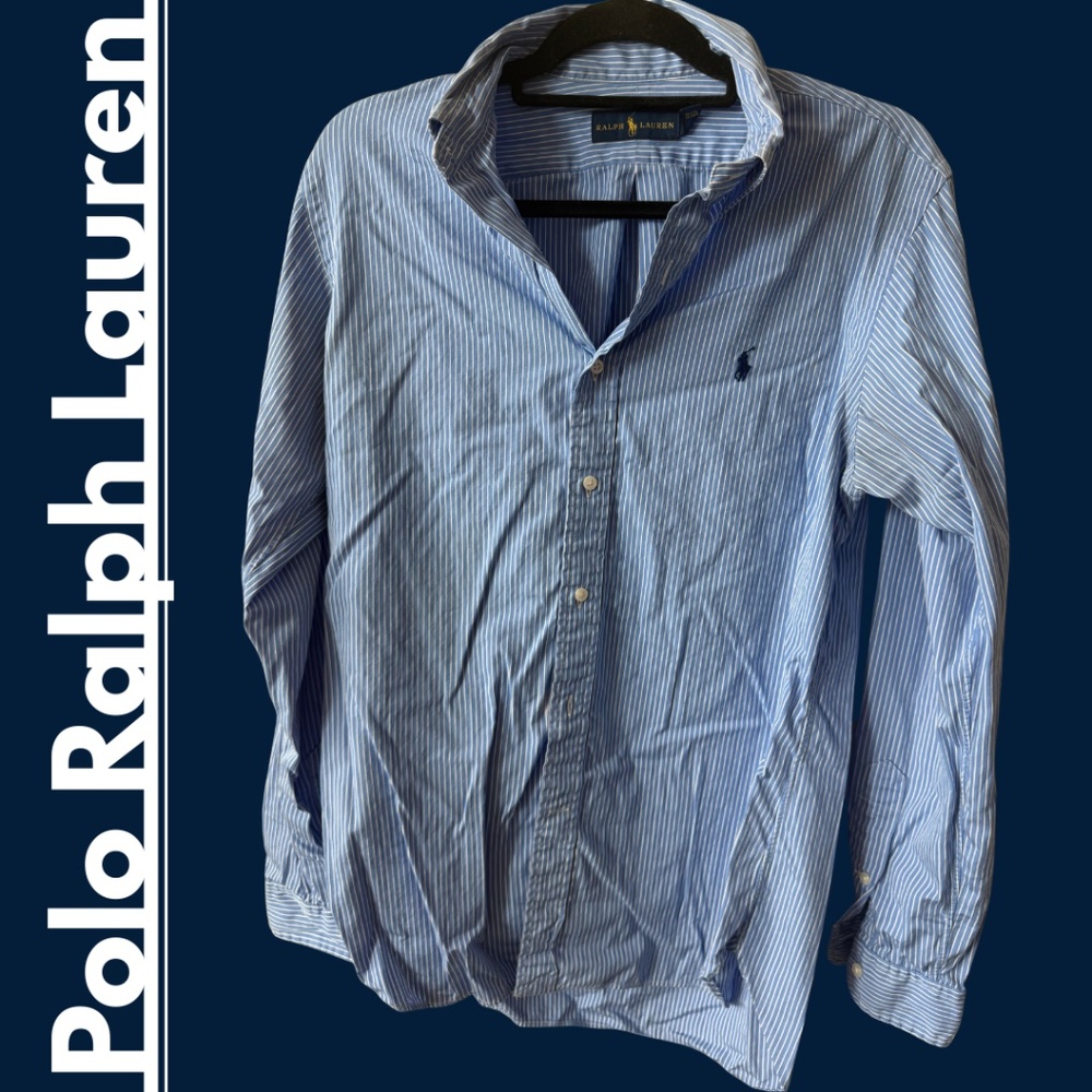 Polo Ralph Lauren: Blue + White Striped Dress Shirt, Size 15.5 (M).